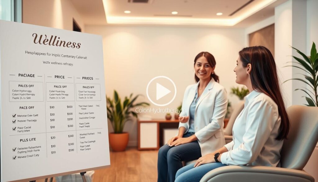 A clean and inviting wellness center interior showcasing a serene atmosphere for colon hydrotherapy. In the foreground, a modern pricing display board featuring various package deals and discounts for multiple sessions, highlighted in subtle colors and elegant typography. In the middle, a professional-looking therapist in soft business casual attire is discussing packages with a prospective client, both appearing relaxed and engaged in a positive interaction. In the background, soft lighting illuminates the space, emphasizing calming colors like light greens and creams, with houseplants and tranquil decor enhancing the ambiance. A logo for "ColonHydrotherapy.in" subtly integrated into the design of the pricing board, situated so as not to distract from the overall composition. The mood should be reassuring and professional, promoting wellness and self-care.