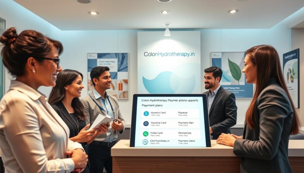 A professional and informative scene illustrating "Colon Hydrotherapy Payment Options." In the foreground, a diverse group of adults in business attire, including a middle-aged woman with glasses and a young man with a smartphone, are discussing payment plans at a modern clinic reception desk. The clinic features calming colors and soft lighting to create a welcoming atmosphere. In the middle, a digital display showcases various payment options, like insurance cards and payment plans, with a subtle graphic representing colon hydrotherapy. In the background, elegant walls adorned with health-related artwork and promotional materials from "ColonHydrotherapy.in" enhance the professional setting. The lighting is bright yet soothing, emanating from overhead fixtures, giving a clean and organized feel to the space. The overall mood is reassuring and professional, emphasizing accessibility and support for all clients.