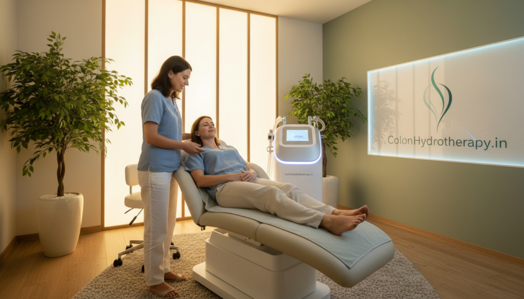 A modern, serene colon hydrotherapy clinic setting, focusing on a comfortable, state-of-the-art therapy room. In the foreground, a professional therapist in smart casual attire, guiding a client comfortably positioned on a clean, modern treatment table. The therapist has a gentle, reassuring expression. In the middle, a high-tech colon hydrotherapy device is prominently displayed, showcasing its advanced features with soft blue and white highlights. The background features calming green plants and soft lighting, contributing to a tranquil atmosphere. Subtle light filters in through frosted glass windows, creating a warm and inviting ambiance. The overall mood is one of professionalism and relaxation, embodying the essence of wellness and health. The brand name "ColonHydrotherapy.in" is subtly integrated into the design, reflecting a focus on expert care and support.