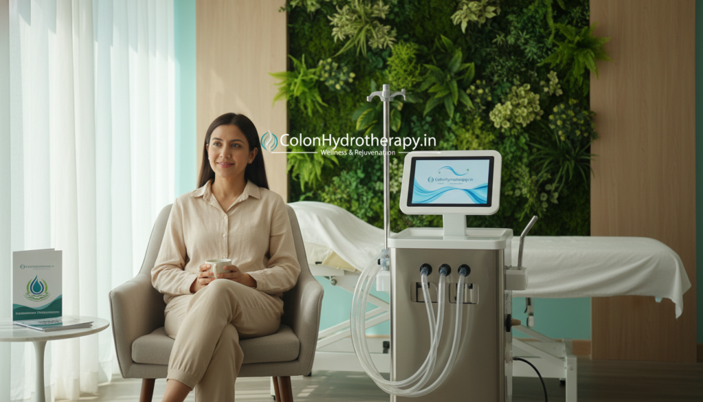 A serene, inviting image depicting the benefits of colon hydrotherapy for health. In the foreground, a relaxed individual in modest, casual clothing sits comfortably in a peaceful, well-lit clinic environment, demonstrating a sense of tranquility. The middle ground showcases a modern hydrotherapy equipment setup, sleek and clean, emphasizing professionalism and care. In the background, soft greenery and calming colors blend seamlessly, creating a refreshing atmosphere. The lighting is warm and natural, casting gentle shadows that enhance the comfortable surroundings. The mood conveys wellness and rejuvenation, highlighting the informative nature of colon hydrotherapy. Include subtle branding elements of "ColonHydrotherapy.in" integrated into the environment, ensuring a harmonious and professional representation.